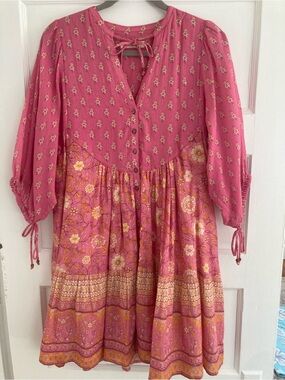 Spell & The Gypsy Pink Floral Bohemian V-Neck Dress Size S cotton